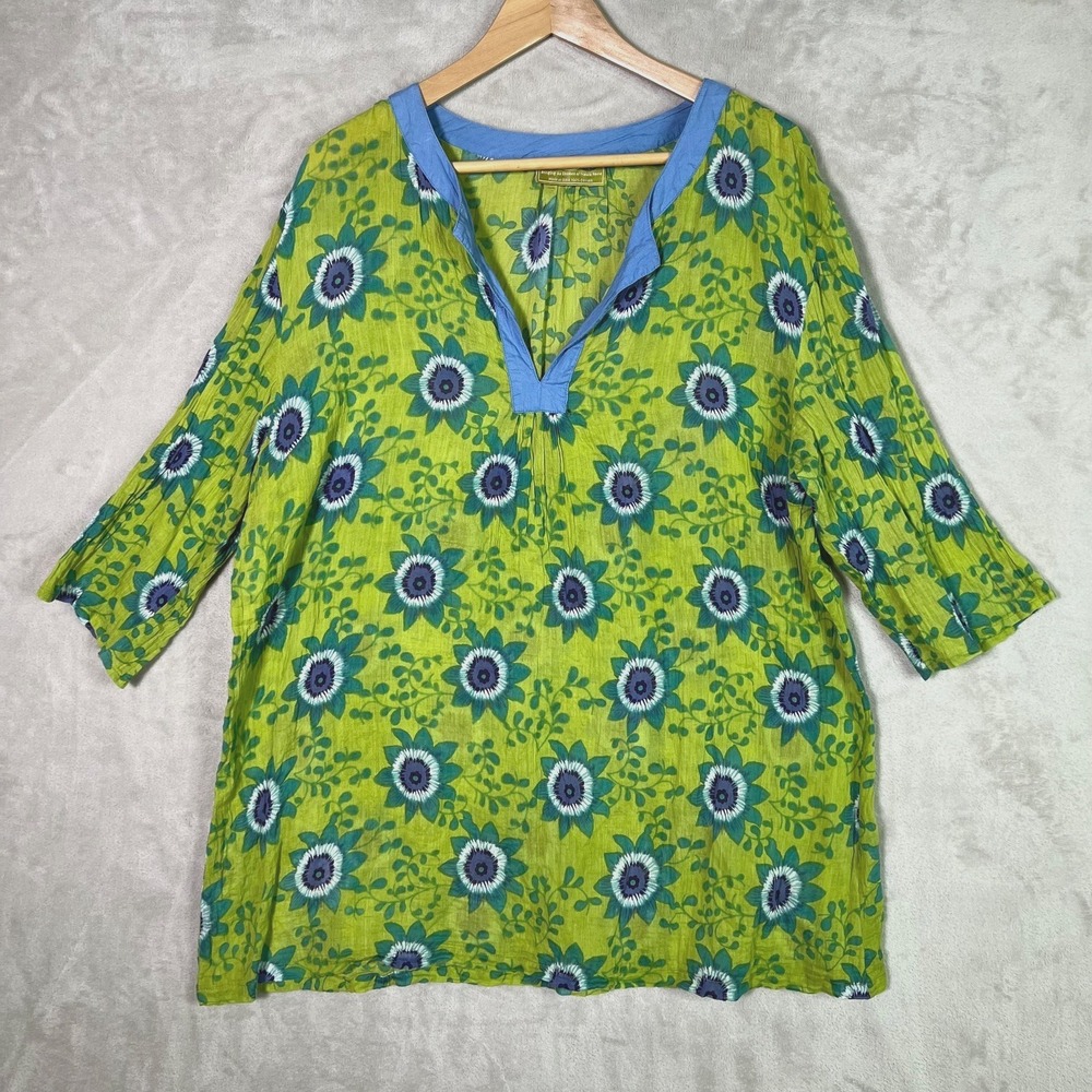 Rock Flower Paper Tunic Top 100% Cotton Lightweight‎ Green Blue Beachy L/XL